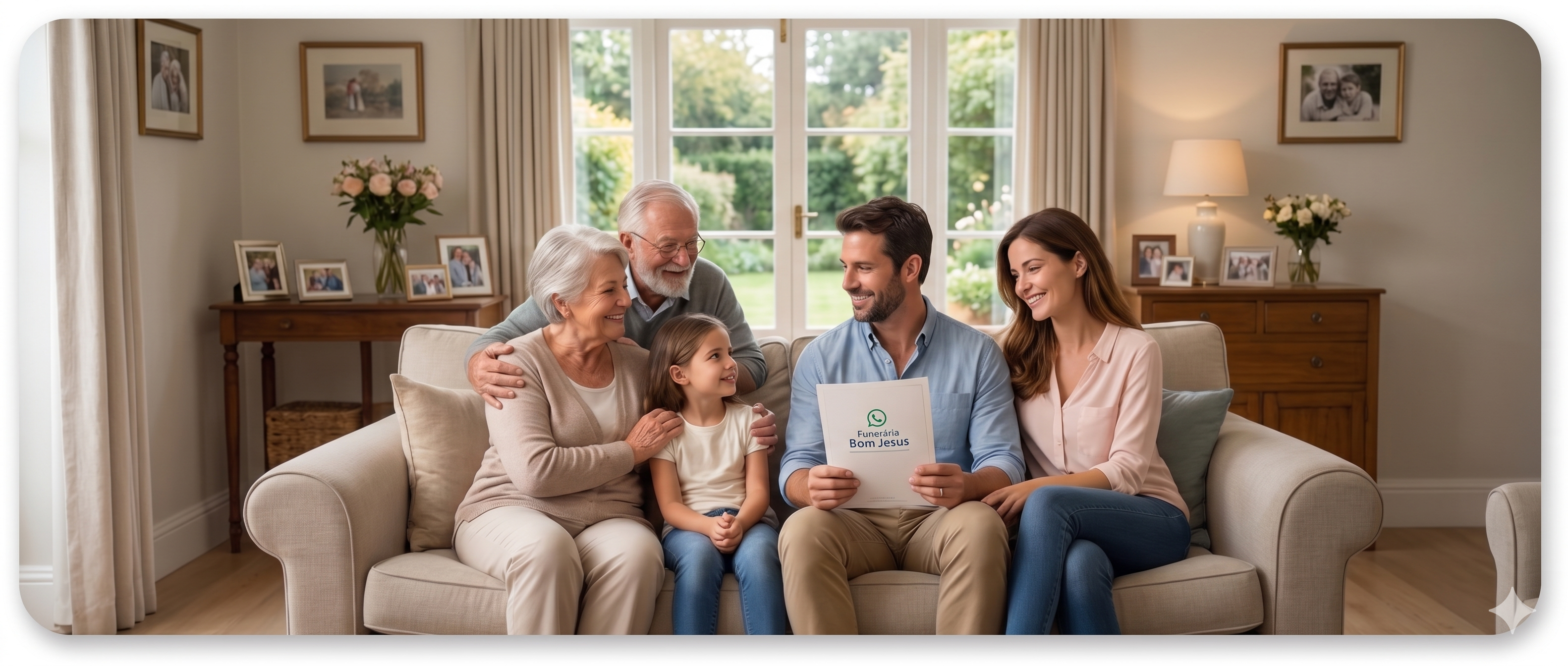 Família unida e sorrindo, aproveitando a segurança e o planejamento financeiro completo.